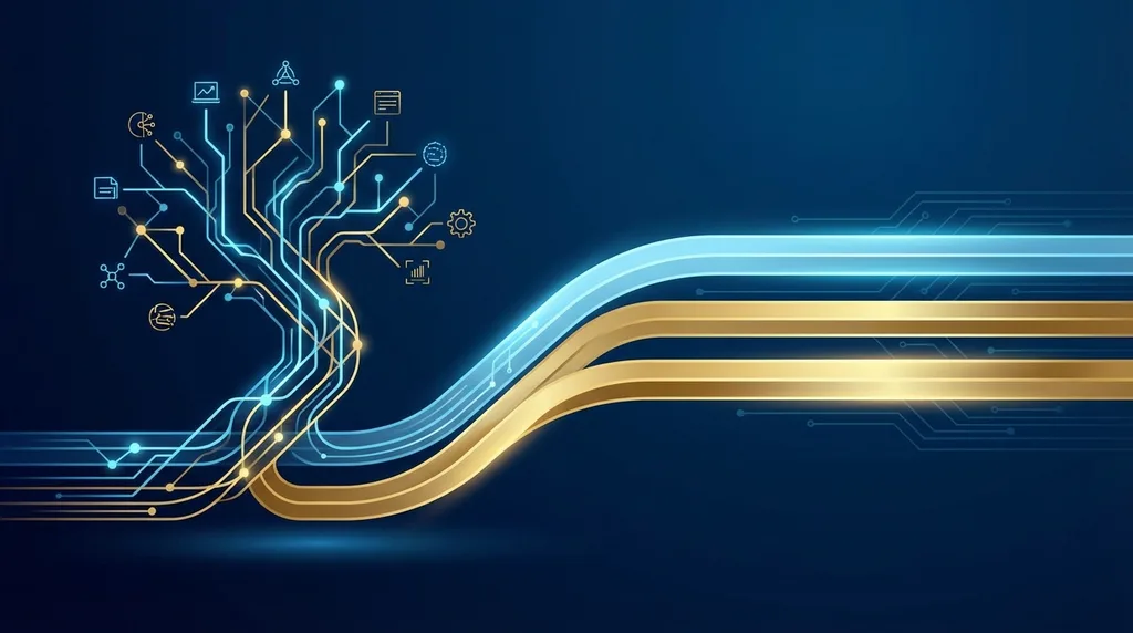 Digitális technológiai csomópontok és folyamatok absztrakt vizualizációja kék és arany színekben.