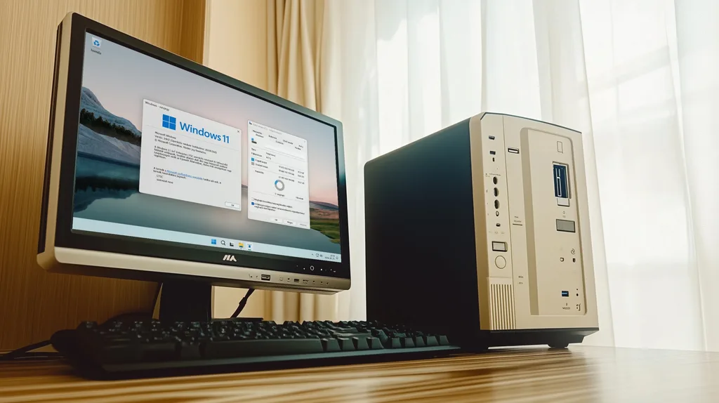 Windows 11 IoT Enterprise LTSC futása régi számítógépen, kijelzővel és billentyűzettel