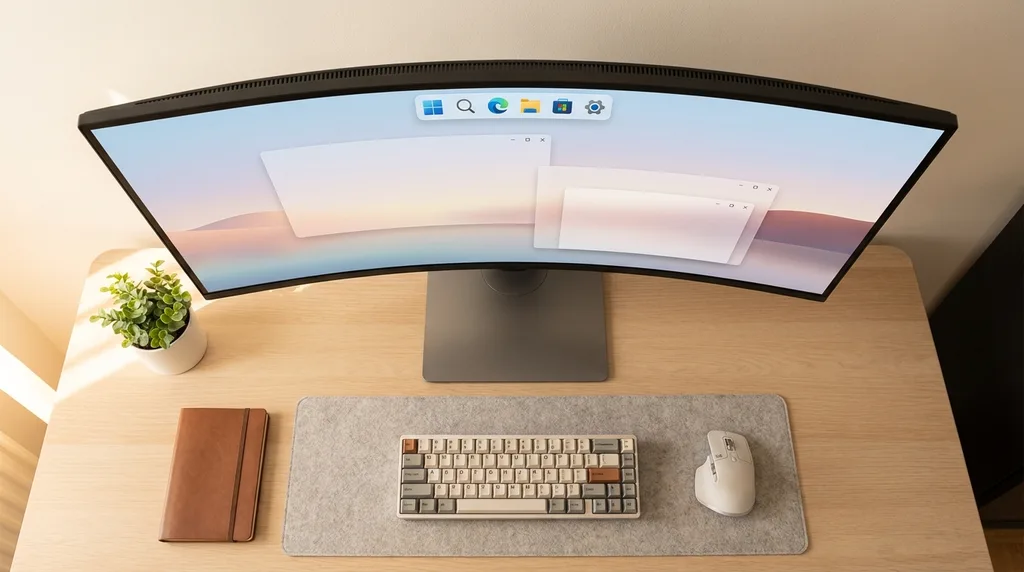 Minimalist irodai asztal modern ívelt monitorral, mechanikus billentyűzettel és egérrel.