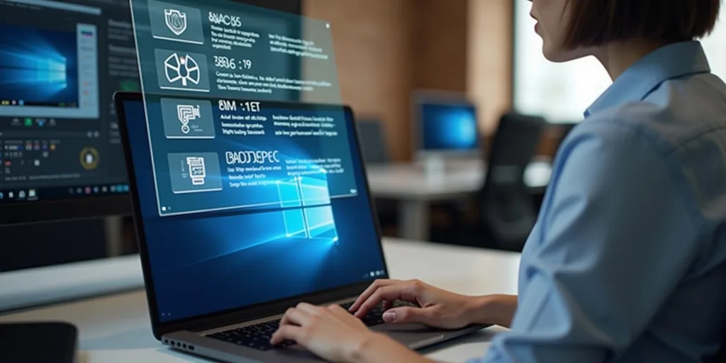 Fejlesztő dolgozik laptopján, amely Windows Recall funkciót mutat, többablakos munkafelület a háttérben.