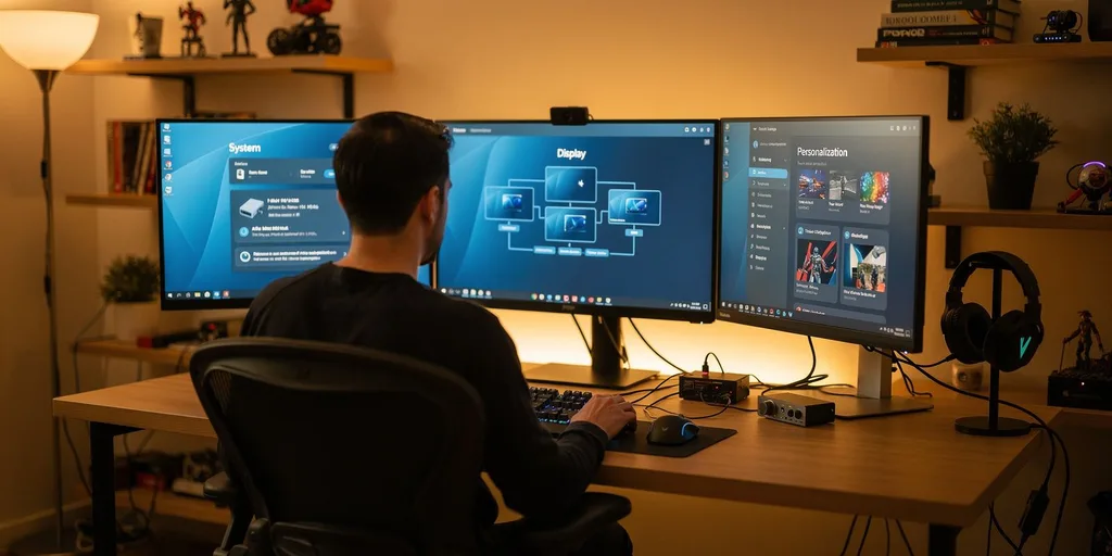 Gamer férfi a Windows 11 rendszerbeállítások képernyőjét nézi a kétmonitor-setup mellett.