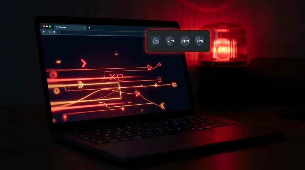 MacBook laptopan nyitott Chrome böngészőben VPN bővítmények megjelenítése piros neon háttérrel.