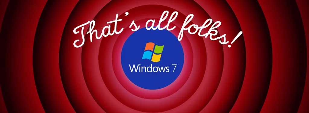 Windows 7 márkalogó piros spirál háttérrel és "That's all folks!" szöveggel