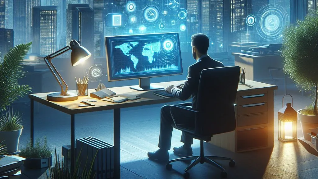 Üzletember az Office 2024-et használja a modern irodájában a világtérképpel megjelenített adatokkal.