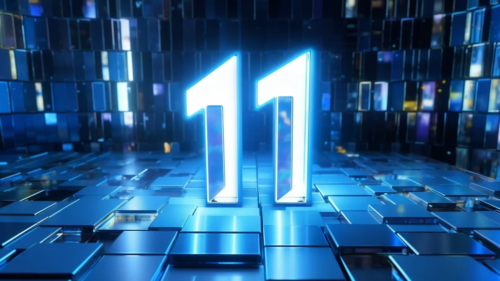 Fénylő neon 11-es szám digitális hátéren, kék technológiai környezetben