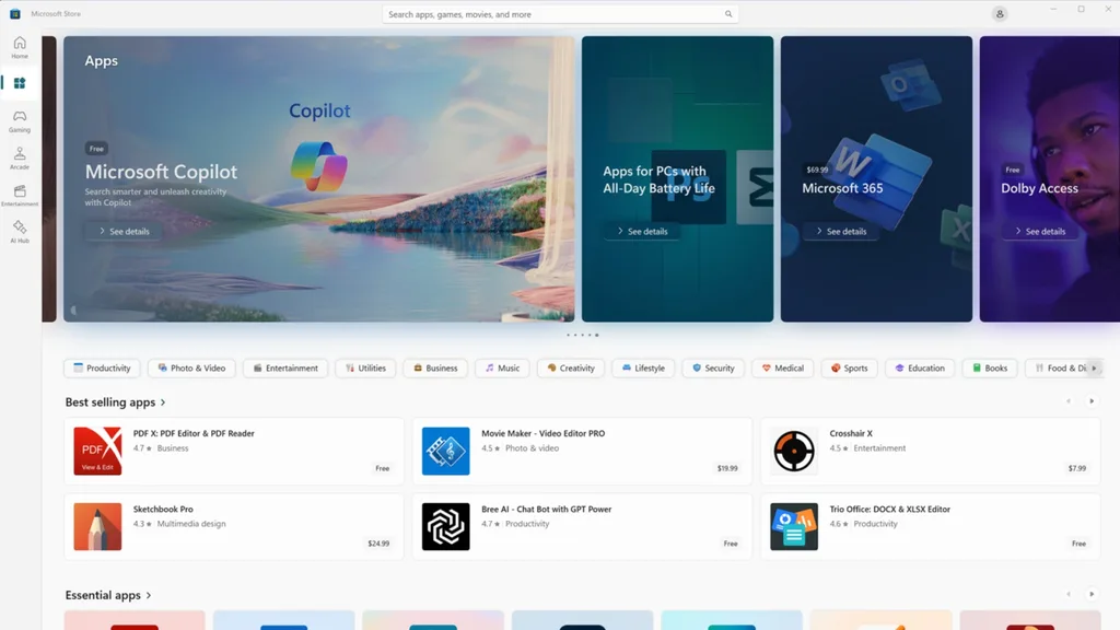 A Microsoft Store felülete több alkalmazással, köztük a Copilot és a Microsoft 365 promócióival.