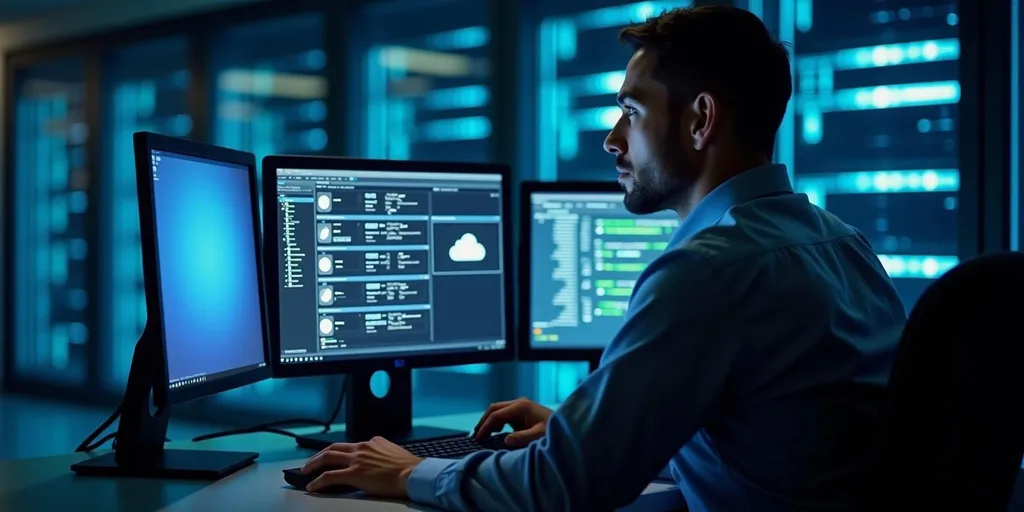 Szerver rendszergazda több monitort figyel a Hyper-V virtualizációs kezelőfelületen