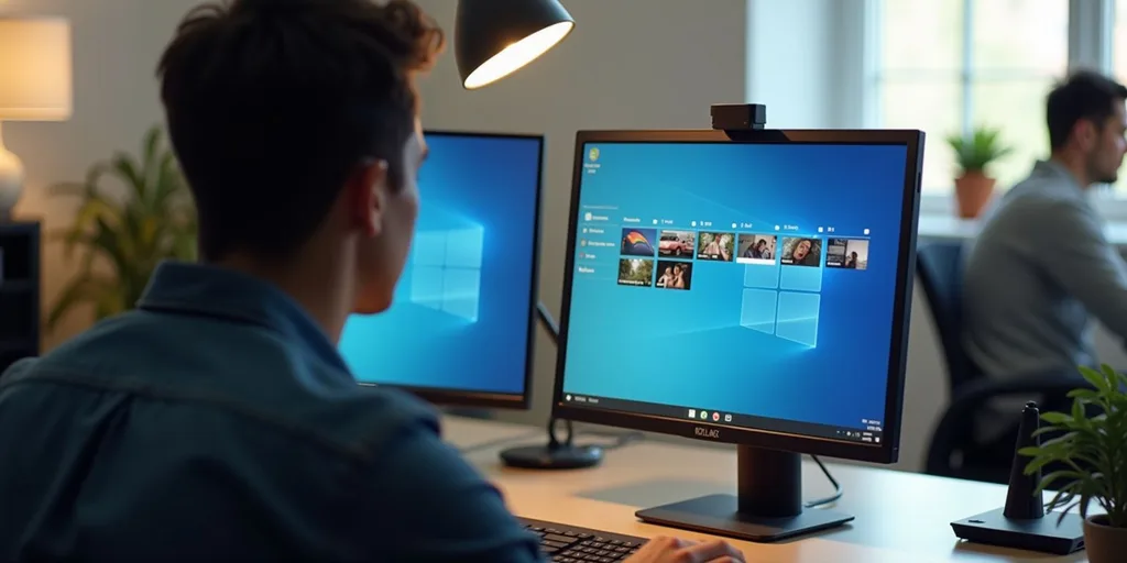 Fejlesztő munkahelyén a Windows 11 felhasználói felület új funkcióival dolgozik monitora előtt.