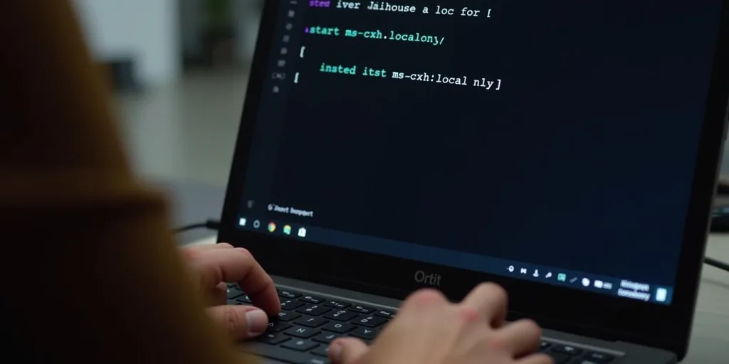 Fejlesztő programkódot gépelő személy laptop billentyűzetén, VS Code szerkesztőben Windows 11 telepítési parancsokkal.