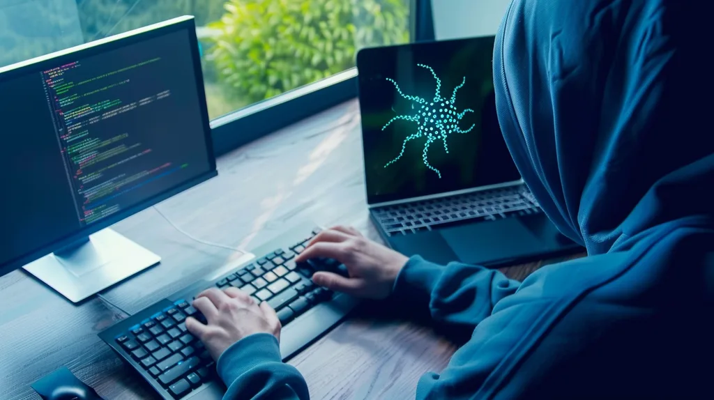 Hacker kék hoodiban számítógép előtt dolgozik, képernyőn vírus szimbólum látható.