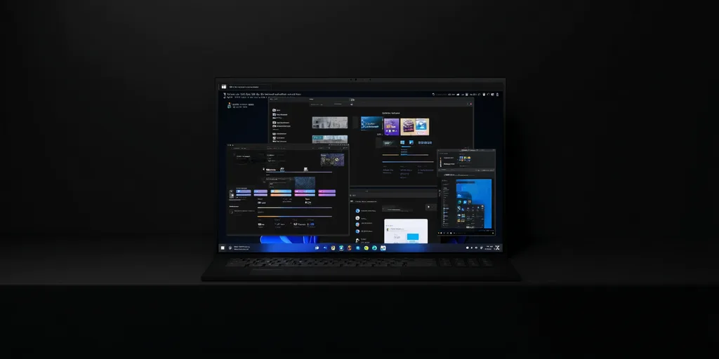 Windows 11 sötét téma a gyakorlatban: több alkalmazás nyitva a sötét felhasználói felületen.