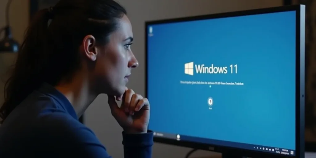 Férfi a Windows 11 legújabb frissítésének boot képernyőjét figyeli a monitoron.