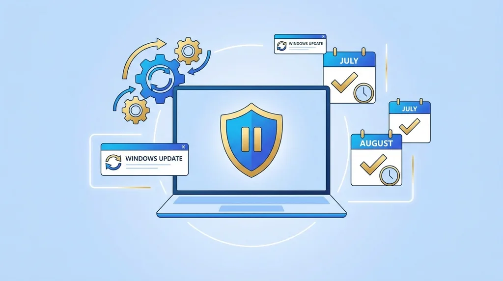 Windows frissítések biztonsági pajzzsal védett laptopot ábrázoló illusztráció júliusi és augusztusi frissítési naptárral.