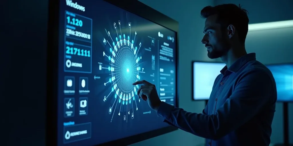 Fejlesztő egy AI holografikus interfészt vezérel a Windows 11 felületen kék technológiai környezetben.
