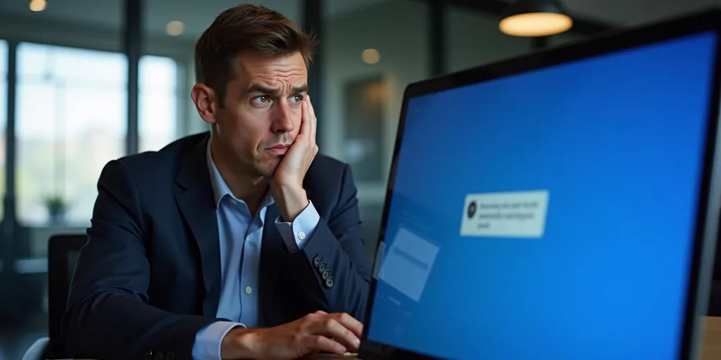Üzletember a kék Windows képernyő előtt gondolkodó pózzal