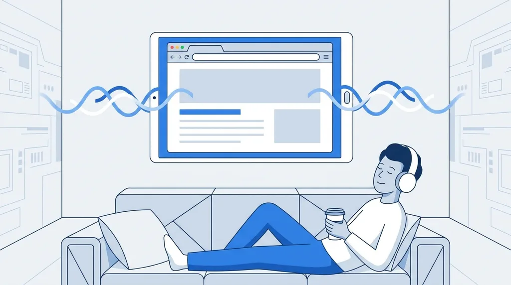 Fiatal férfi a kanapén, fejhallgatóval, kávéval a kezében, a háta mögött egy monitoron megjelenő weboldal.