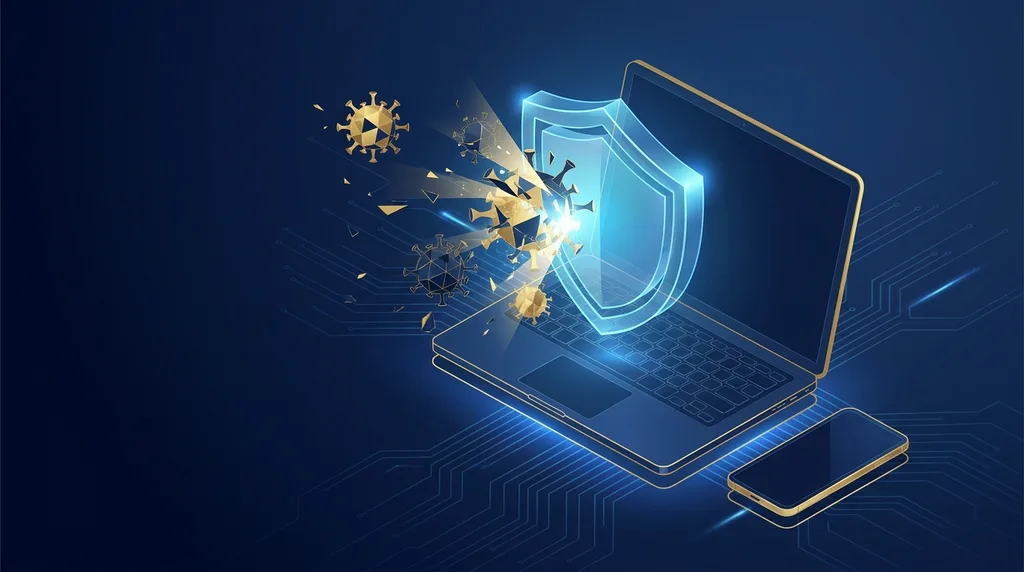 Laptop glowing shield védelemmel blokkolja az arany vírusokat digitális biztonsági koncepció.