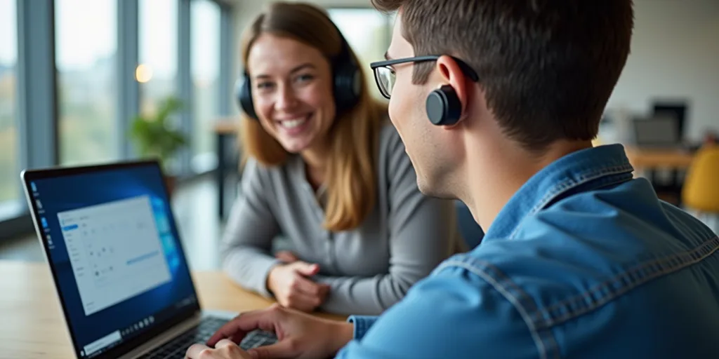 Windows 11 hangmegosztási funkció: két felhasználó számítógépen beszélgetnek fejhallgatóval