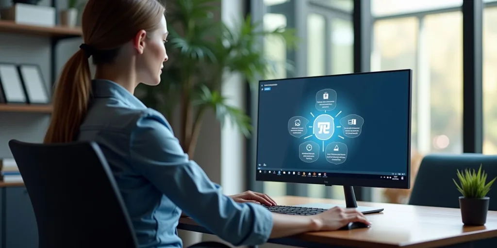 Nő a számítógépnél Windows 11 AI-eszközöket mutató monitort néz az irodában.