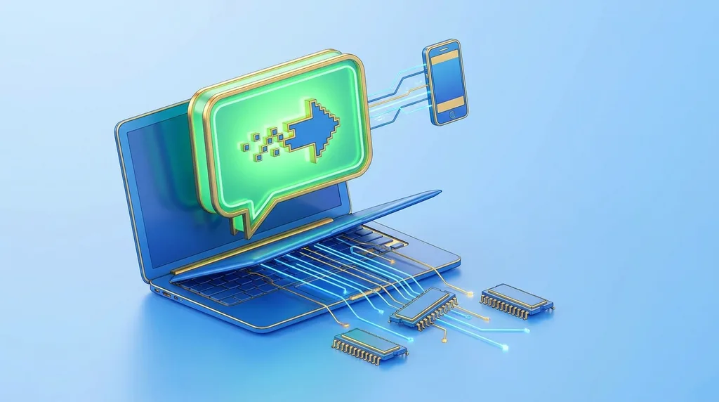 Laptop és okostelefon pixelated nyíl ikonnal, mikrochipekkel és világító adatátviteli vonalakkal, szoftver-integráció témája.