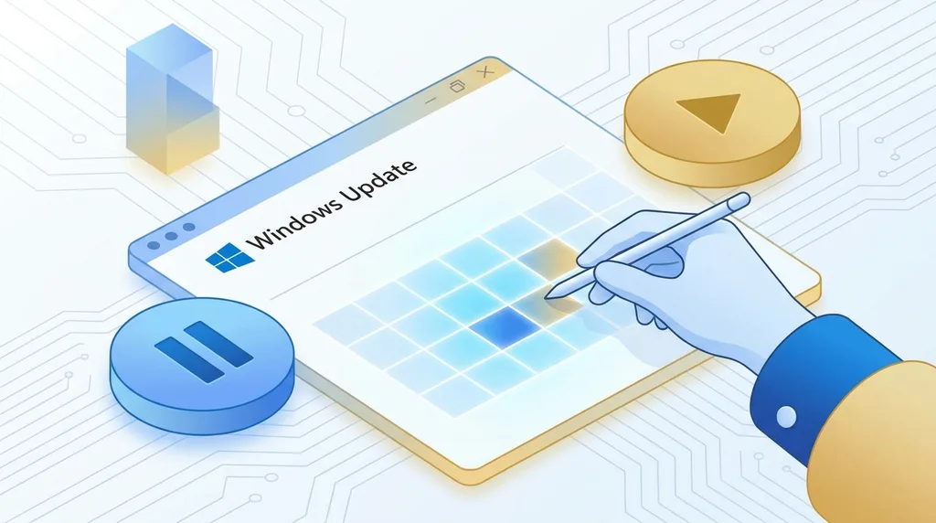 Windows Update szoftver telepítése és konfigurálása illusztrációja digitális interfészen.