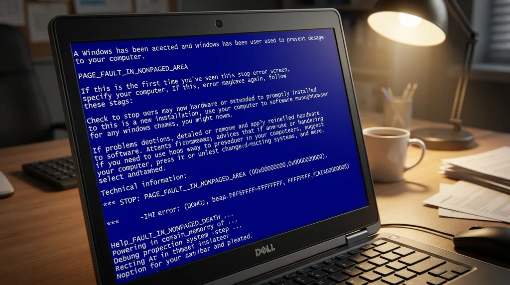 Dell laptop kék halálkép hibával az asztalon, fehér csésze és iratok mellett.