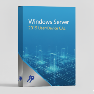 Windows Server 2019 User/Device CAL termékdoboz kék háttérrel és digitális város illusztrációval
