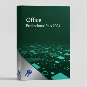 Office Professional Plus 2024 szoftvercsomag doboza zöld háttérrel és digitális grafikai elemekkel.