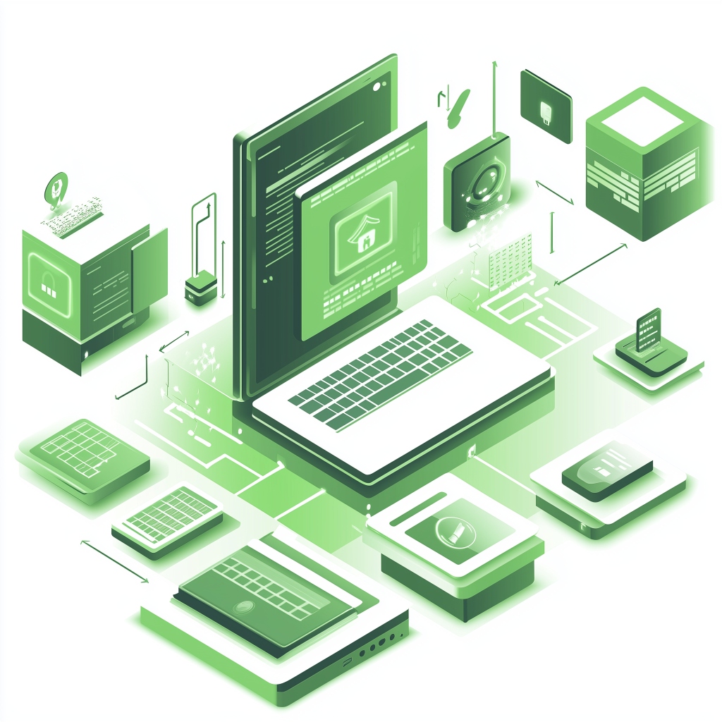 Digitális eszközök és szoftverlicencek izometrikus illusztrációja zöld színvilágban