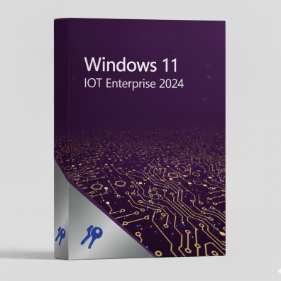 Windows 11 IoT Enterprise LTSC 2024 szoftvercsomag doboza, technológiai design elemekkel.