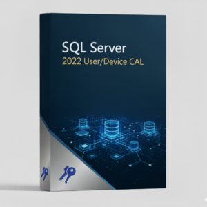 SQL Server 2022 User/Device CAL licenc termékkép kék háttérrel és adatbázis ikonokkal