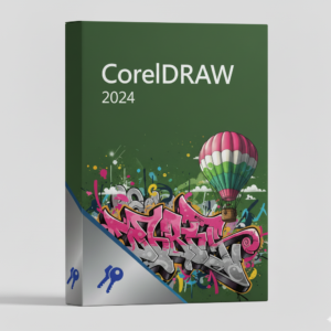 CorelDRAW 2024 szoftverdoboz színes grafikai illusztrációval és léggömbös alkotással