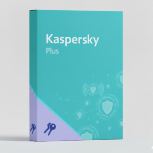 Kaspersky Plus biztonsági szoftver csomag doboza türkiz és lila színekkel, pajzs ikonokkal.