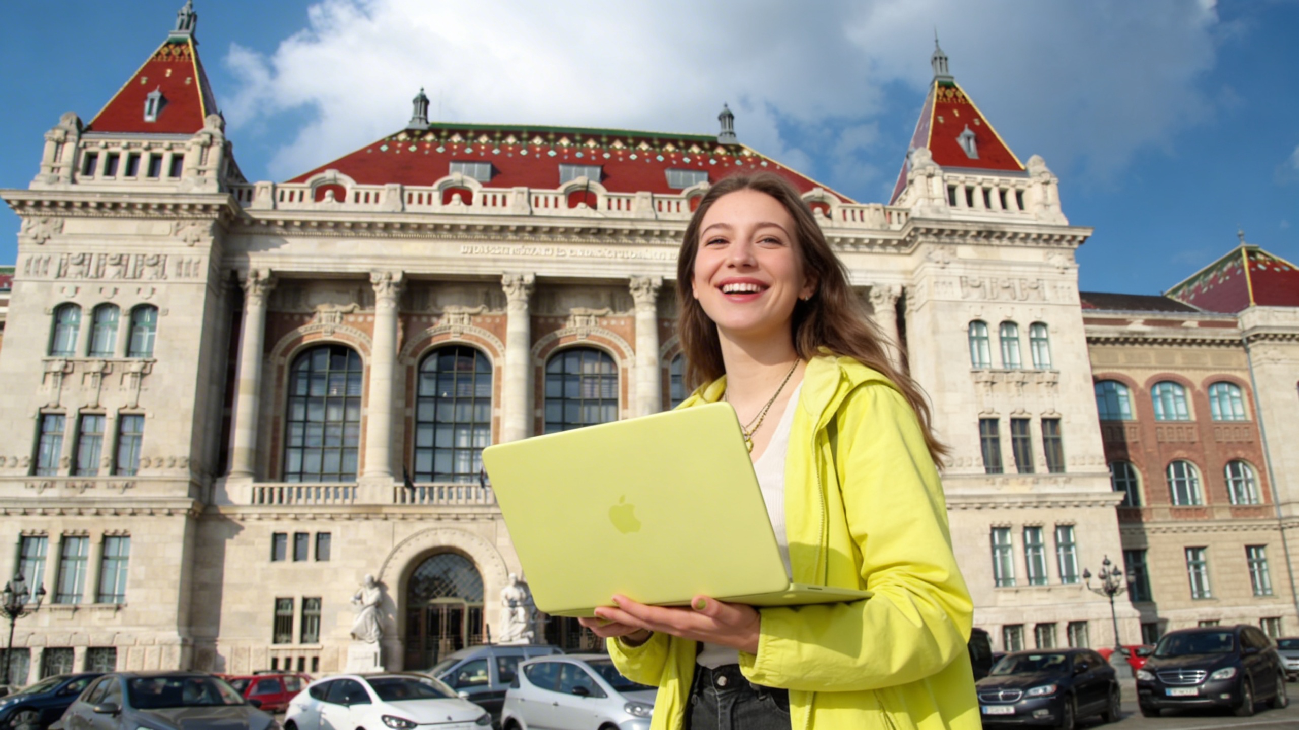 Mosolygó fiatal nő sárga laptoppal egy impozáns, klasszicista stílusú épület előtt.