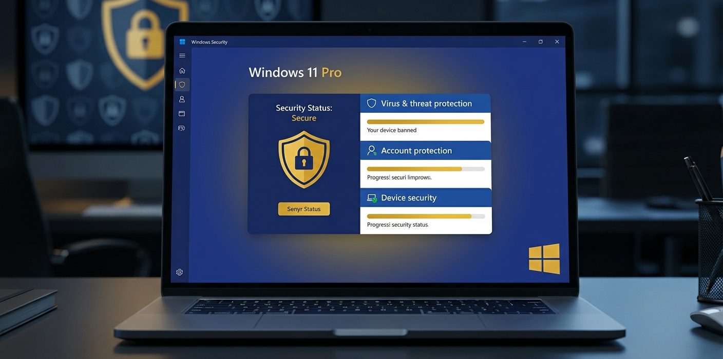 Windows 11 Pro biztonsági központ az antivírus, fiókvédelem és eszközbiztonság állapotát mutatja.