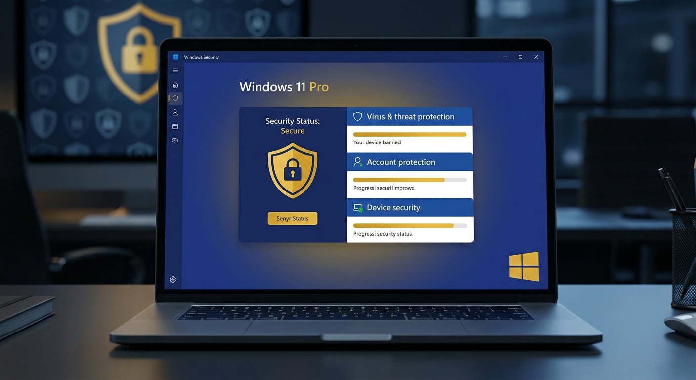 Windows 11 Pro biztonsági központ az antivírus, fiókvédelem és eszközbiztonság állapotát mutatja.