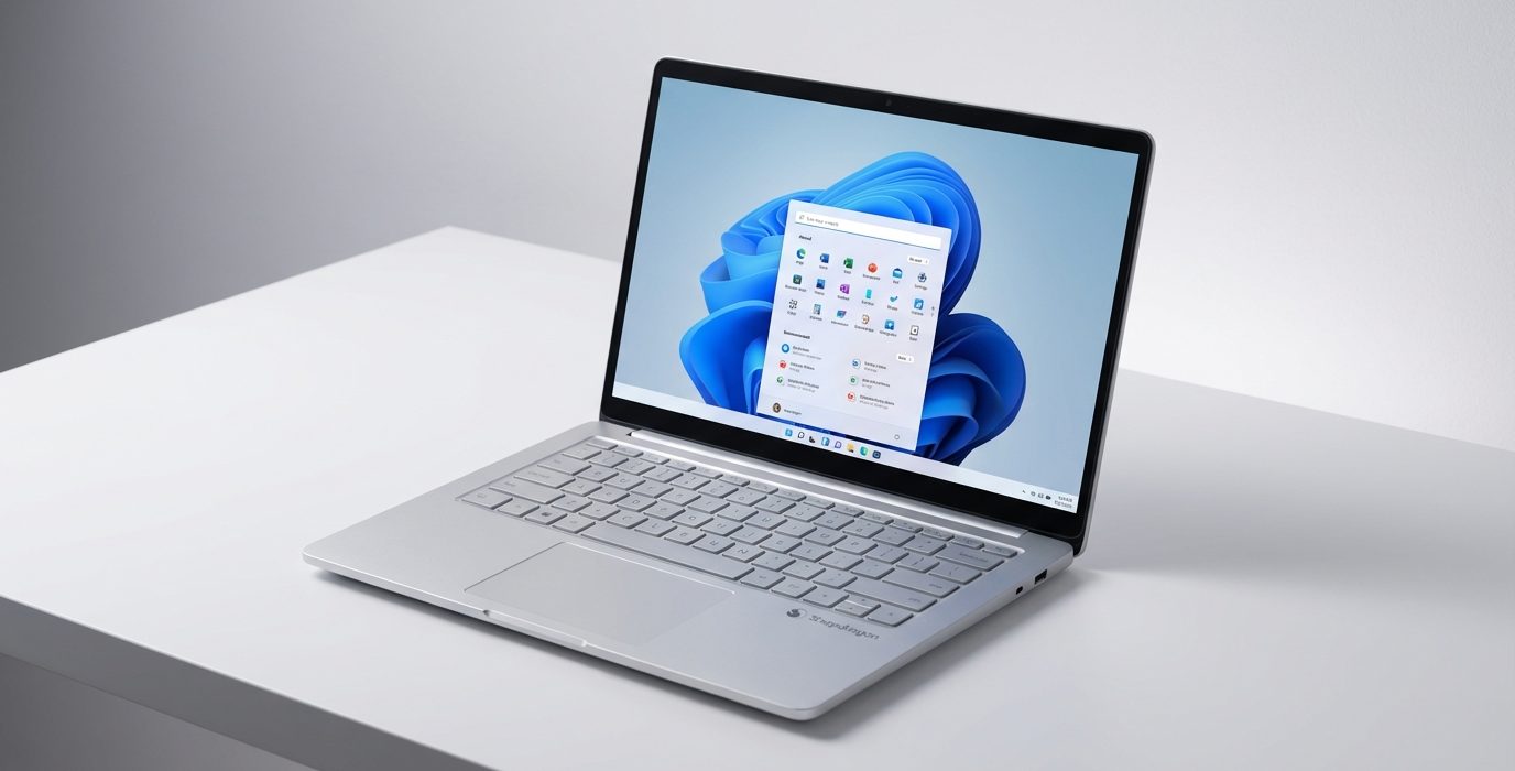 Ezüst laptop Windows 11 kezdőképernyővel megjelenítve az alkalmazások és Start menüt egy modern, tiszta íróasztal felületen.