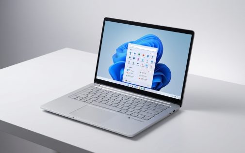Ezüst laptop Windows 11 kezdőképernyővel megjelenítve az alkalmazások és Start menüt egy modern, tiszta íróasztal felületen.