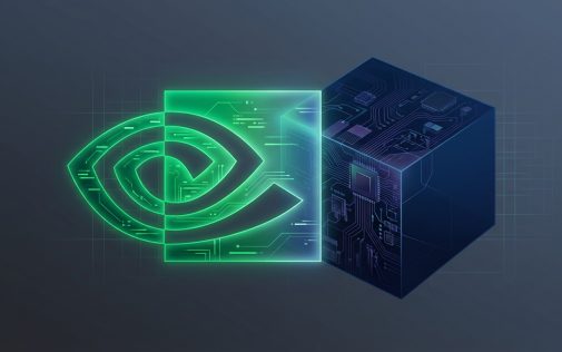 NVIDIA grafikus kártya logója neon zöld színben, mellette digitális chipset illusztráció sötét háttéren.