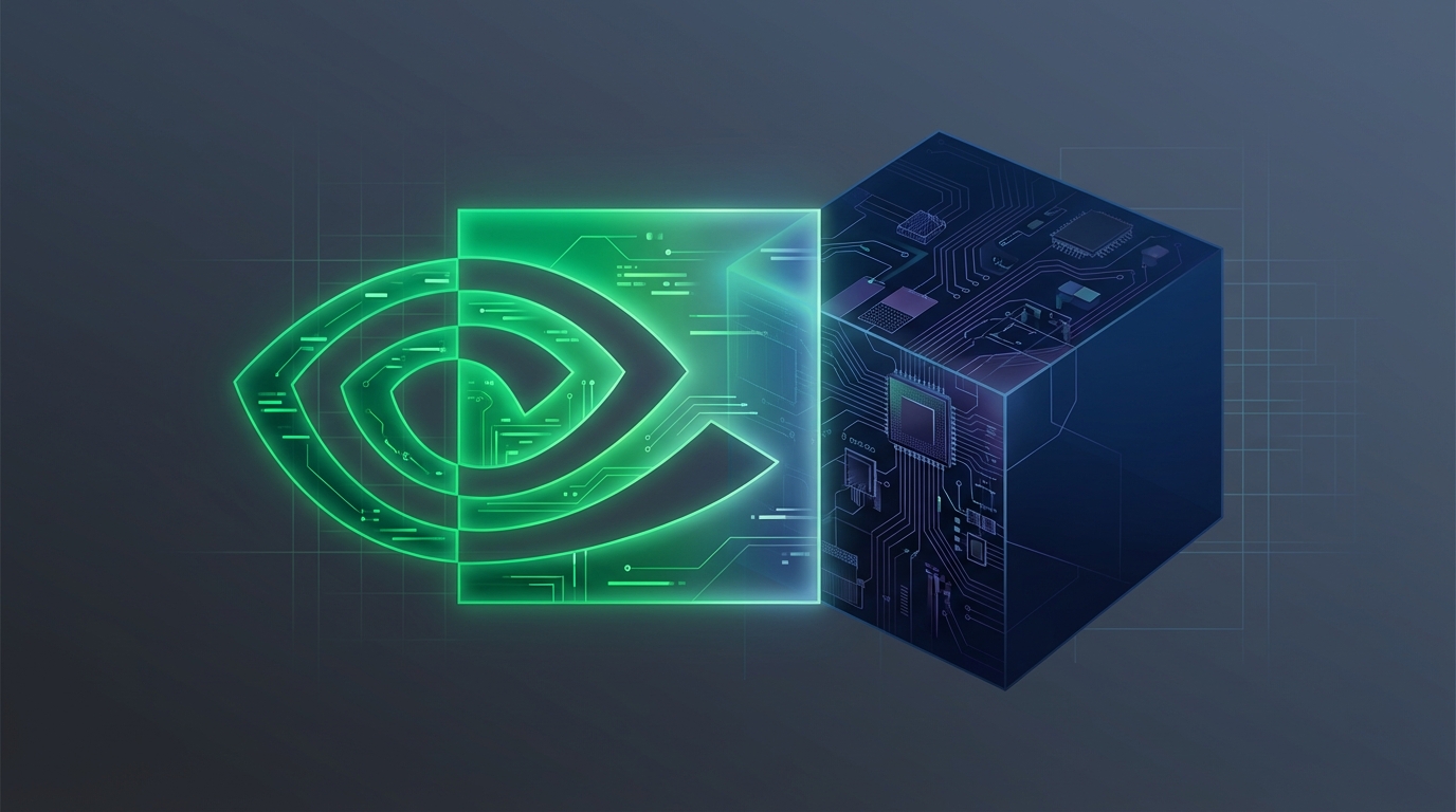 NVIDIA grafikus kártya logója neon zöld színben, mellette digitális chipset illusztráció sötét háttéren.