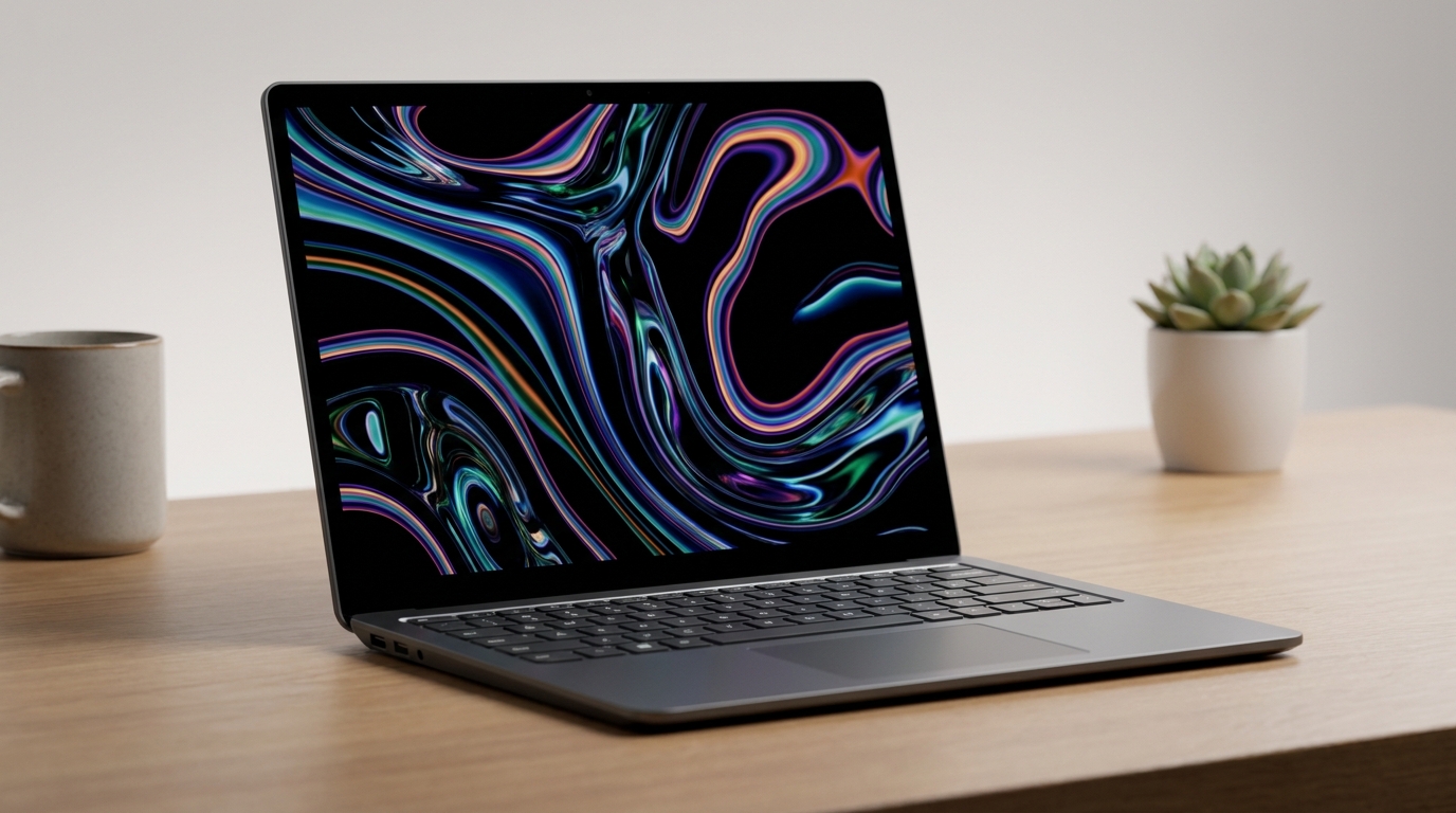 Modern laptop asztalon színes absztrakt mintával a kijelzőn, mellett kávécsészével és zöld növénnyel.