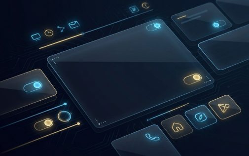 Futurisztikus eszközök neon ikonokkal és kapcsológombokkal, amely a digitális szoftverkereskedelem témáját ábrázolja.