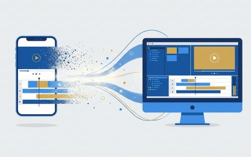 Mobil és asztali eszközök közötti szinkronizáció videó szerkesztési projektekkel és idővonalas interfész megjelenítésével.