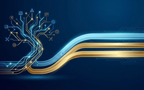 Digitális technológiai csomópontok és folyamatok absztrakt vizualizációja kék és arany színekben.