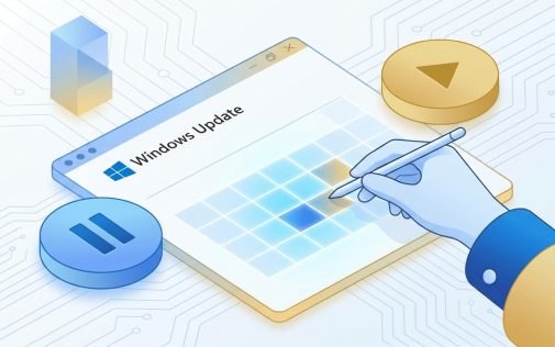 Windows Update szoftver telepítése és konfigurálása illusztrációja digitális interfészen.