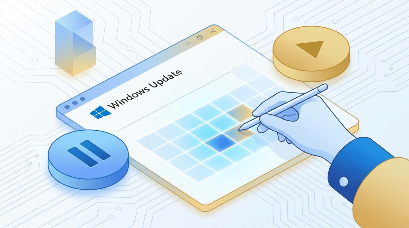Windows Update szoftver telepítése és konfigurálása illusztrációja digitális interfészen.