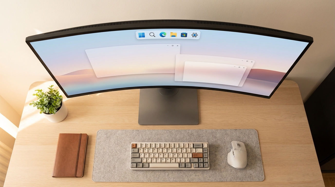 Minimalist irodai asztal modern ívelt monitorral, mechanikus billentyűzettel és egérrel.