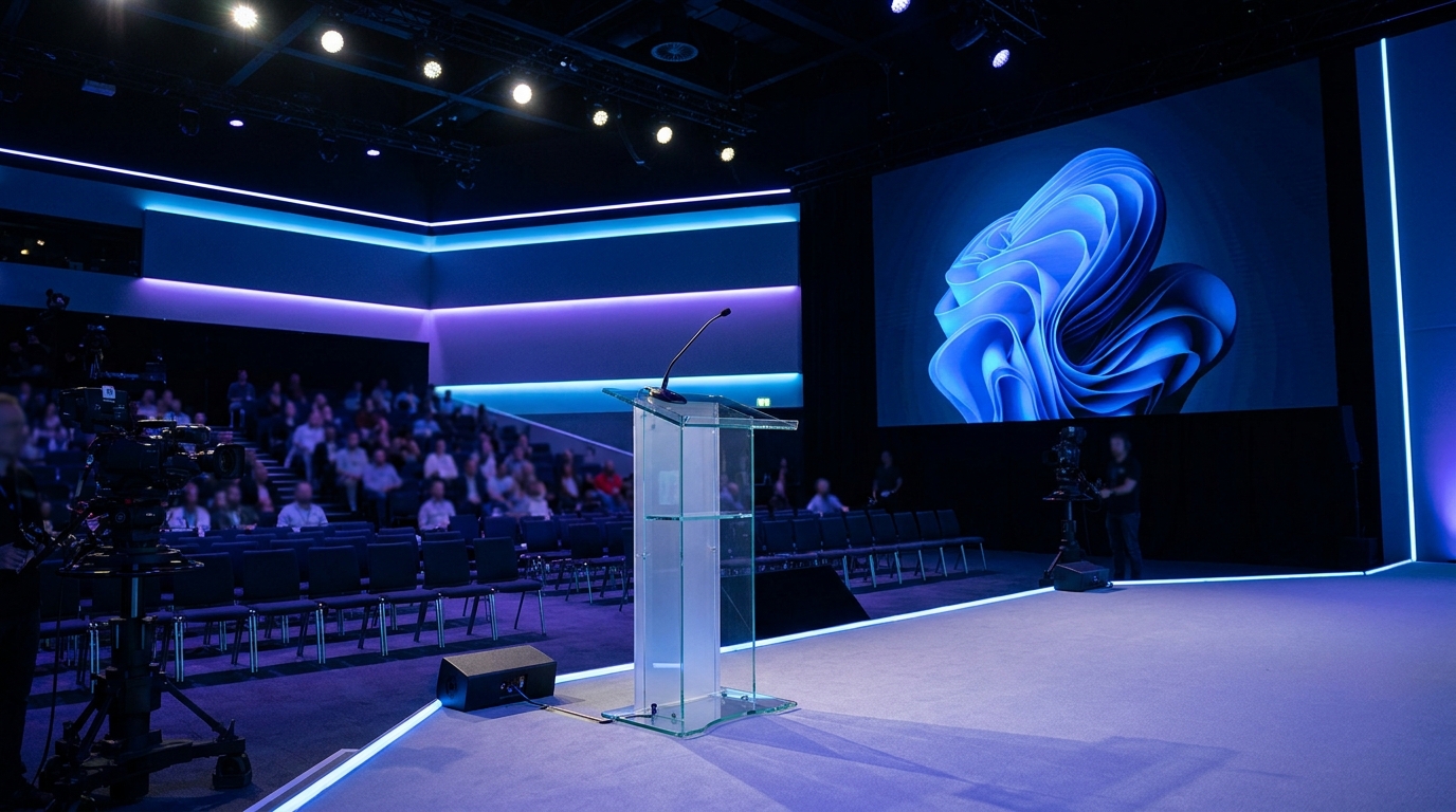 Modern konferenciaterem kék neon megvilágítással, üres szónokpulttal és nagy képernyőkkel a közönség előtt.