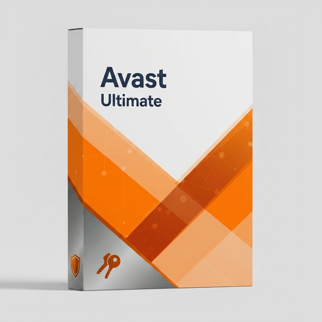 avast-ultimate-sd Avast Ultimate szoftver doboza narancssárga és fehér dizájnnal, pajzs és kulcs ikonokkal.