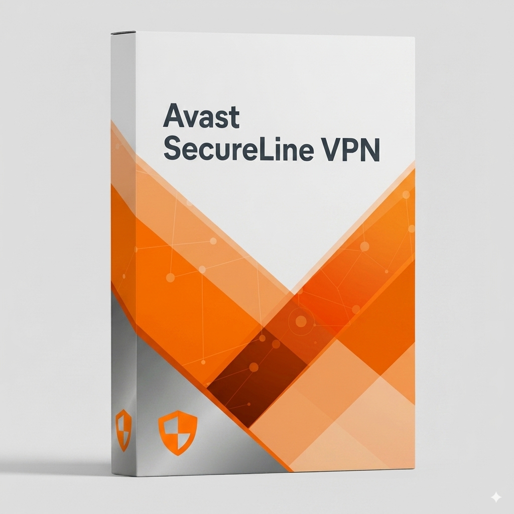 avast-vpn-sd Avast SecureLine VPN szoftver doboza narancssárga és fehér dizájnnal, pajzs logóval.